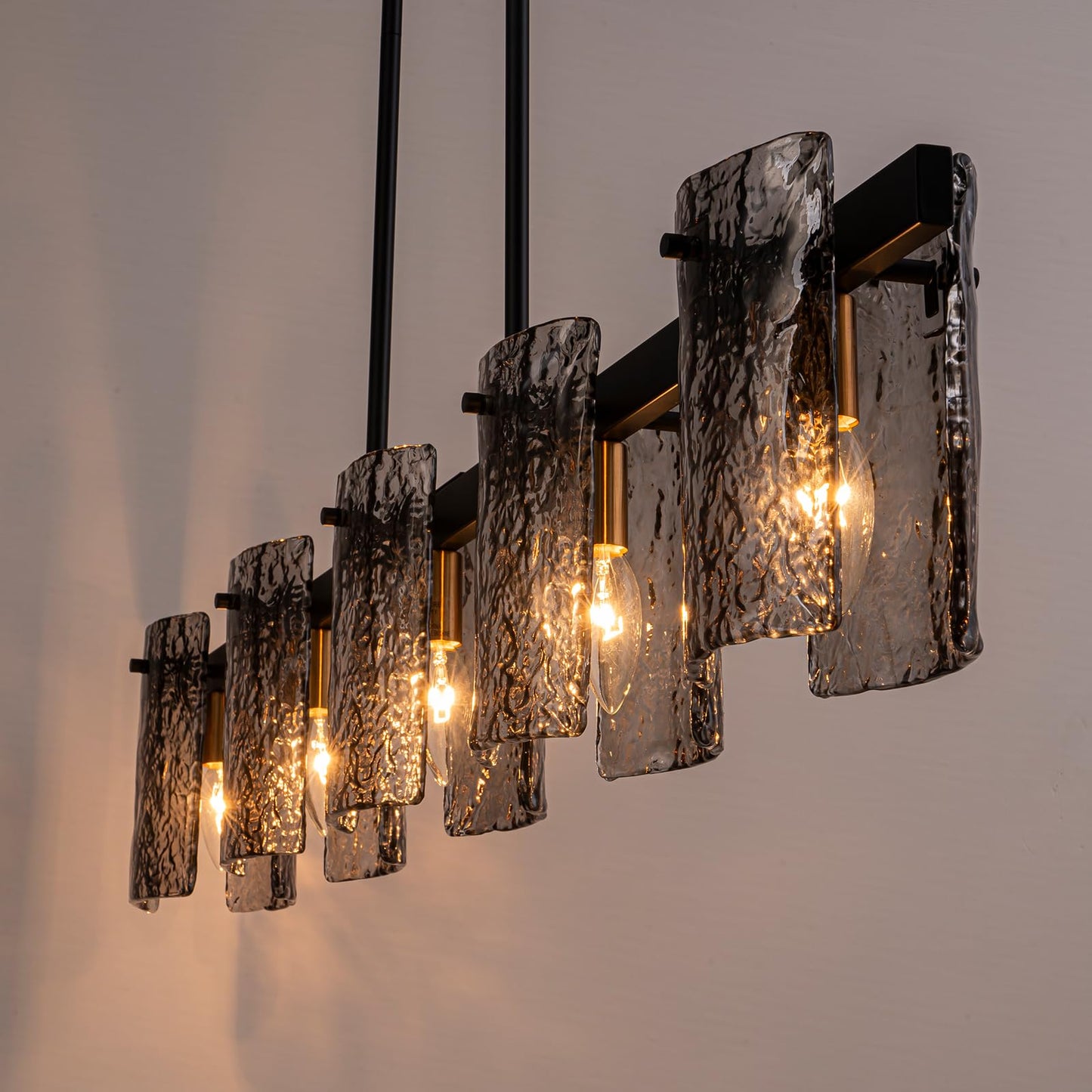 EDISLIVE 5-Light Glass Block Chandeliers Pendant Light Kitchen Island 47.24in E12 Linear Adjustable Hanging Lighting Fixture with Black Finish Grey Water Ripple Glass for Dinning Room Living Room