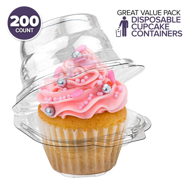 Stock Your Home Individual Plastic Cupcake Containers Disposable with Connected Airtight Dome Lid (200 Count) Clear Single Cupcake Container, BPA Free