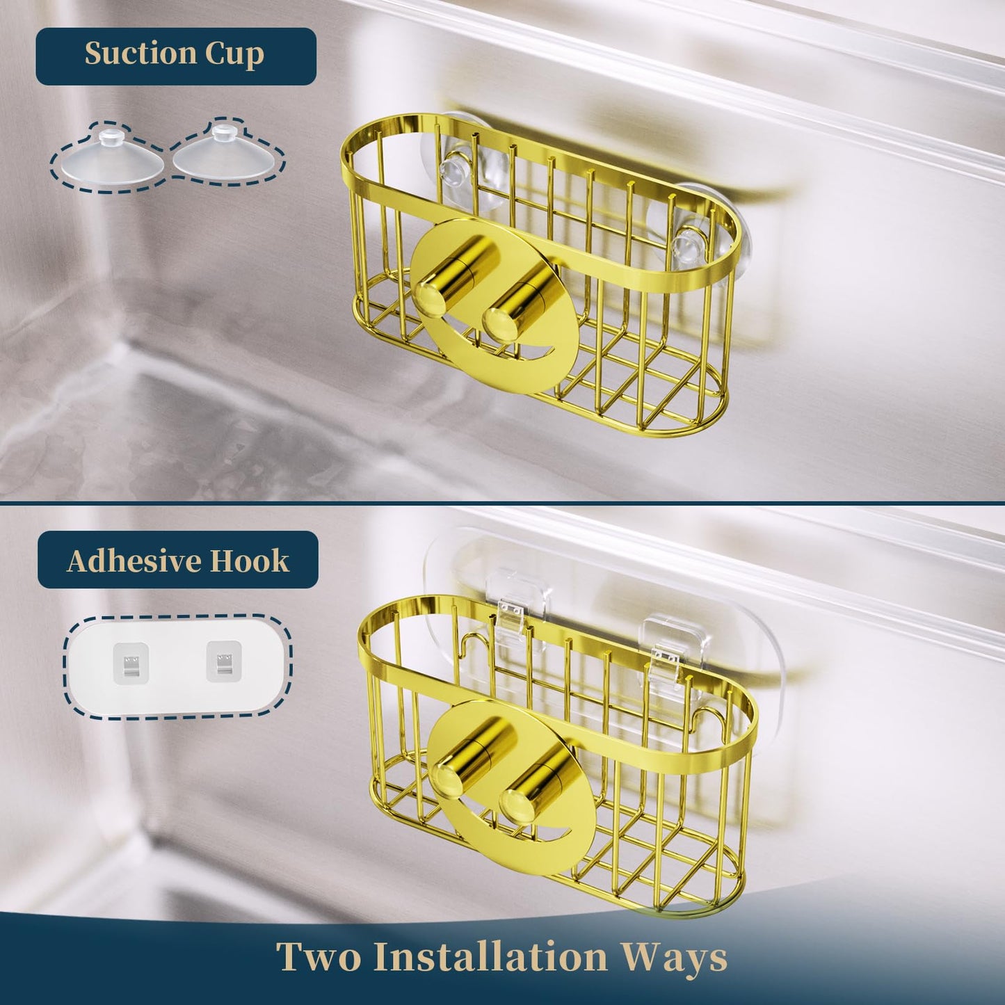 Consumest Sponge Holder Smiley Face - Kitchen Sink Caddy, Sink Organizer with Removable Suction Cups & Adhesive Strips, Suit for Sponge, Soap,Gold