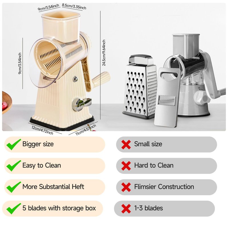 Xilrvna RotaryCheese Grater,VegetableShredder 5 in 1 Cheese Grater with HandleedderReinforcedSuction,EasytoClean,KitchenChopperforCrushedIce,Fruits and Nuts with Blade Storage Case(White