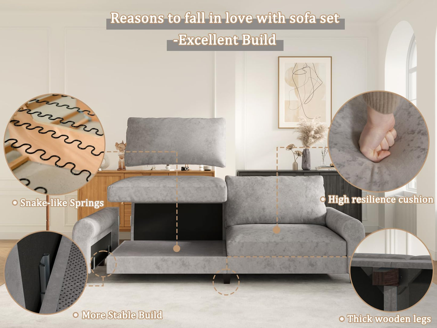 EASE MOOSE Large Seat Velvet L-Shaped Sofa, Soft 4 Seat Couch with Reversible Chaise, Comfy Sectional Modular Sofa with Removable Washable Covers for Living Room and Small Space, Grey