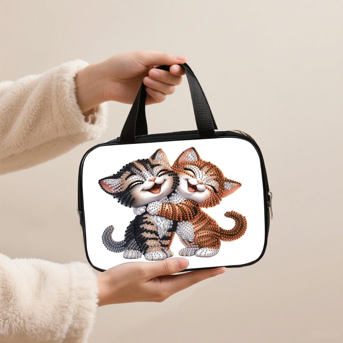 DIY diamond painting makeup bag kit, cheerful cat pattern sequined makeup storage bag with zipper, portable travel toiletries bag, as a handmade creative gift