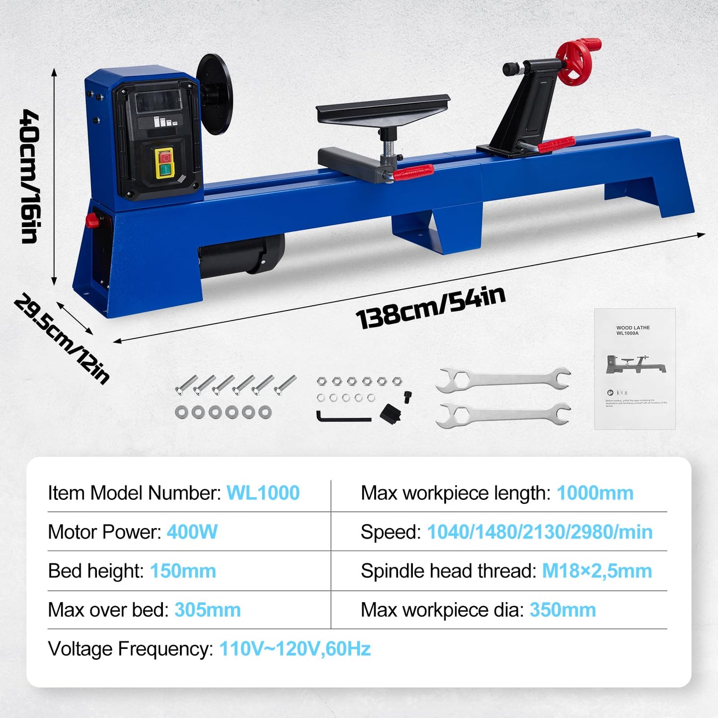 Garvee Wood Lathe, 14 in x 40 in Benchtop Wood Lathe Machine 0.5 HP Infinitely Variable Speed 1040-2980 RPM, Wood Turning Lathe Machine with Wrench & 2 Chisels for Woodworking, Woodturning
