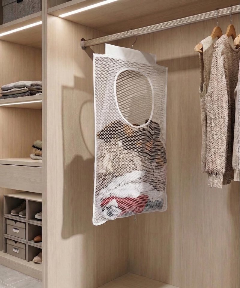ALYER Breathable Mesh Laundry Hamper,Foldable Hanging Closet Storage Basket,Portable Space Saving Dirty Clothes Bag (White)