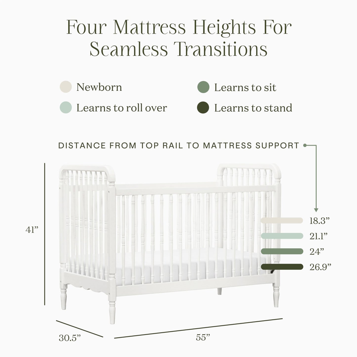Namesake Liberty 3-in-1 Convertible Baby Crib - Greengurad Gold Certified - Wooden Convertible Baby Crib to Toddler Bed, Daybed - Durable & Easy to Assemble, 4 Adjustable Mattress Heights - Warm White