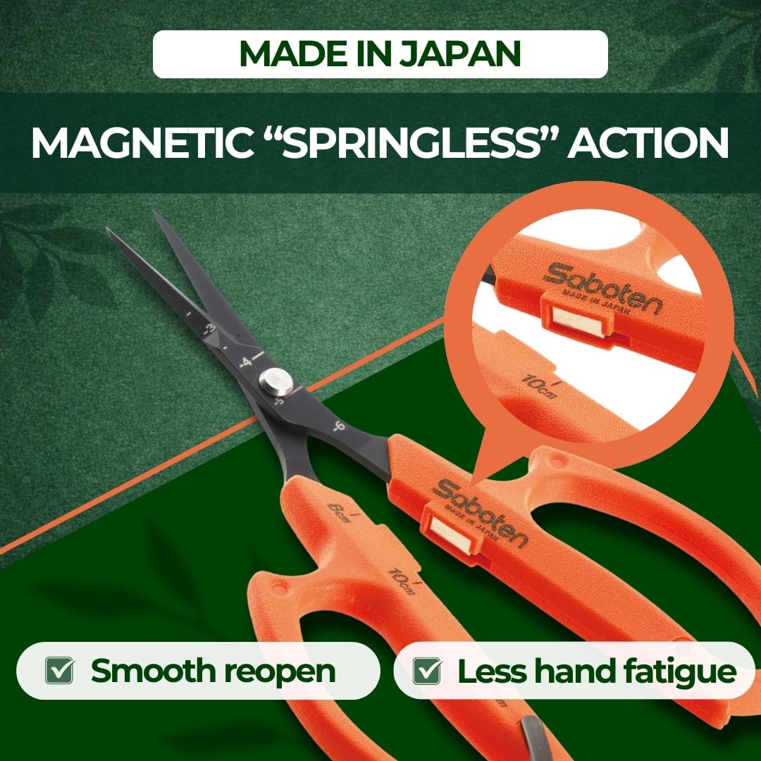 Saboten 6.3" Japanese Harvesting Shears, Magnetic Springless Assist, Fine-Tip Angled Blade, Fluorine-Coated Stainless Steel, Ergonomic Non-Slip Grip, Safety Lock, Made in Japan