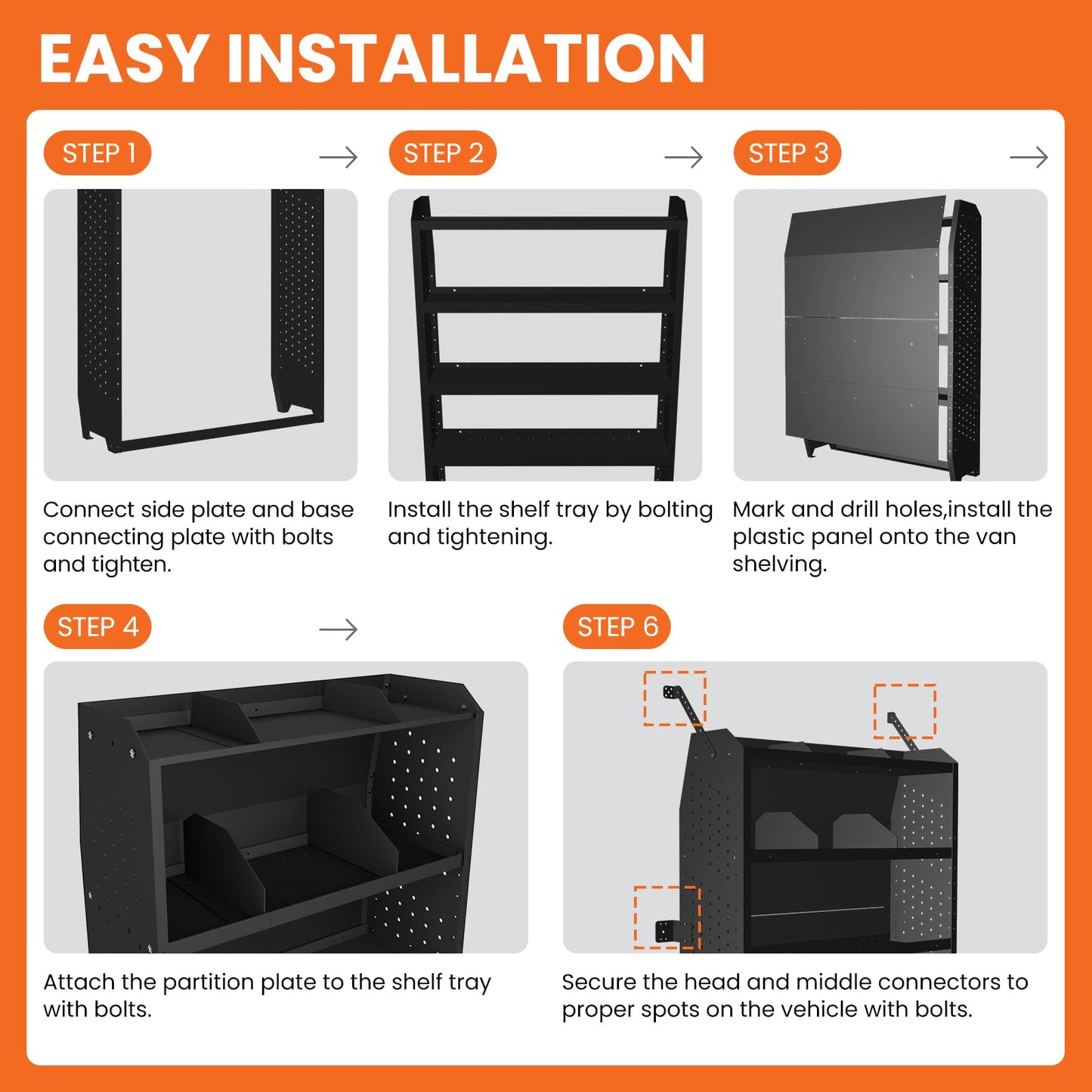 EONECROSS Cargo Van Shelving 4 Tier 52" W x 60" H x 13" D, Heavy Duty Steel Work Van Storage System for Ford Transit, Promaster, Sprinter, Chevy Express, Tool Organizer for Electricians, Contractors