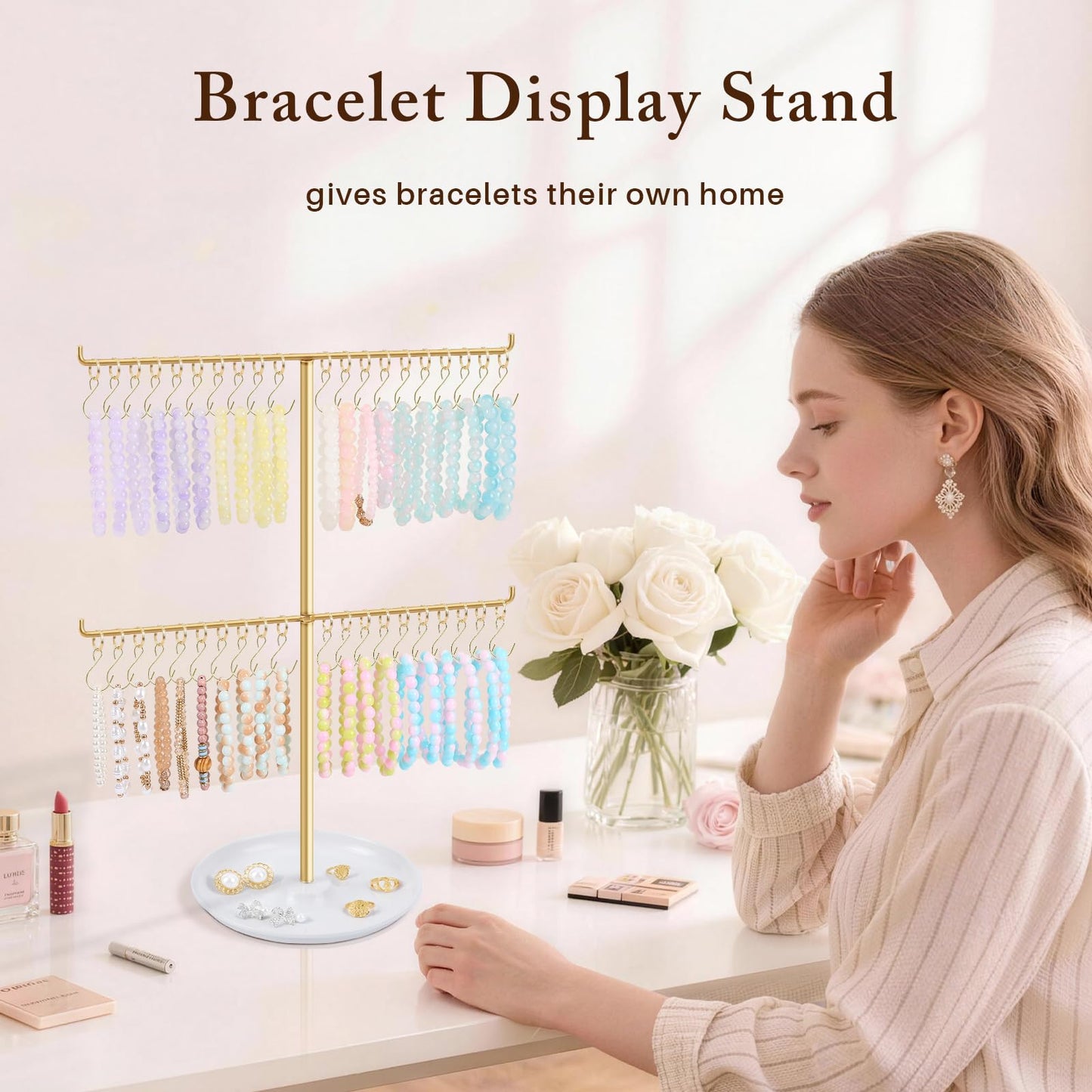 OAOLEER Bracelet Holder Display, Gold Jewelry Holder with 40 Movable Hooks Bracelet Stand Organizer, Jewelry Display Stand for Necklaces Bangles (2 Tier)