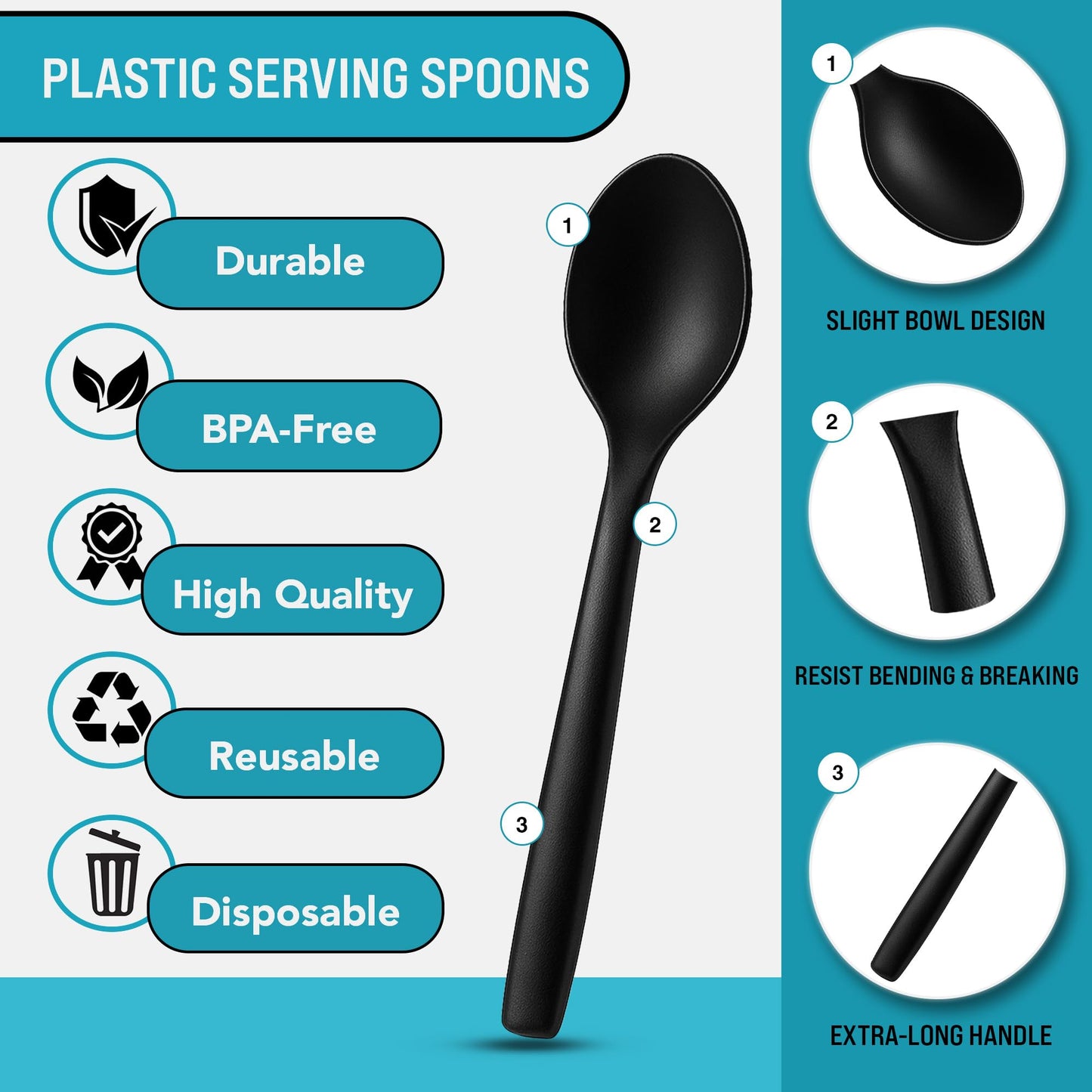 10" Black Plastic Serving Spoons for Buffet, Bulk 36 Count, Heavy Duty Disposable Spoon, Large Plastic Serving Utensils for Catering Supplies, Events, Party, Weddings & More - C&S Event Supply Co.