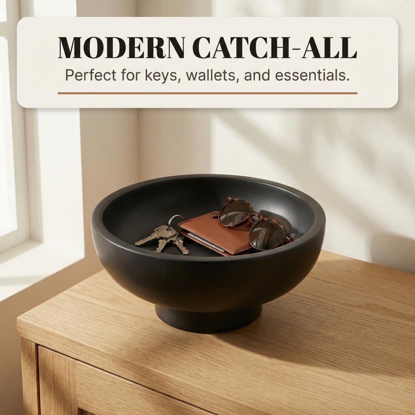 OAKOA Concrete Black Decorative Bowl for Home Decor - Black Fruit Bowl - Modern Pedestal Coffee Table Bowl for Entryway Table