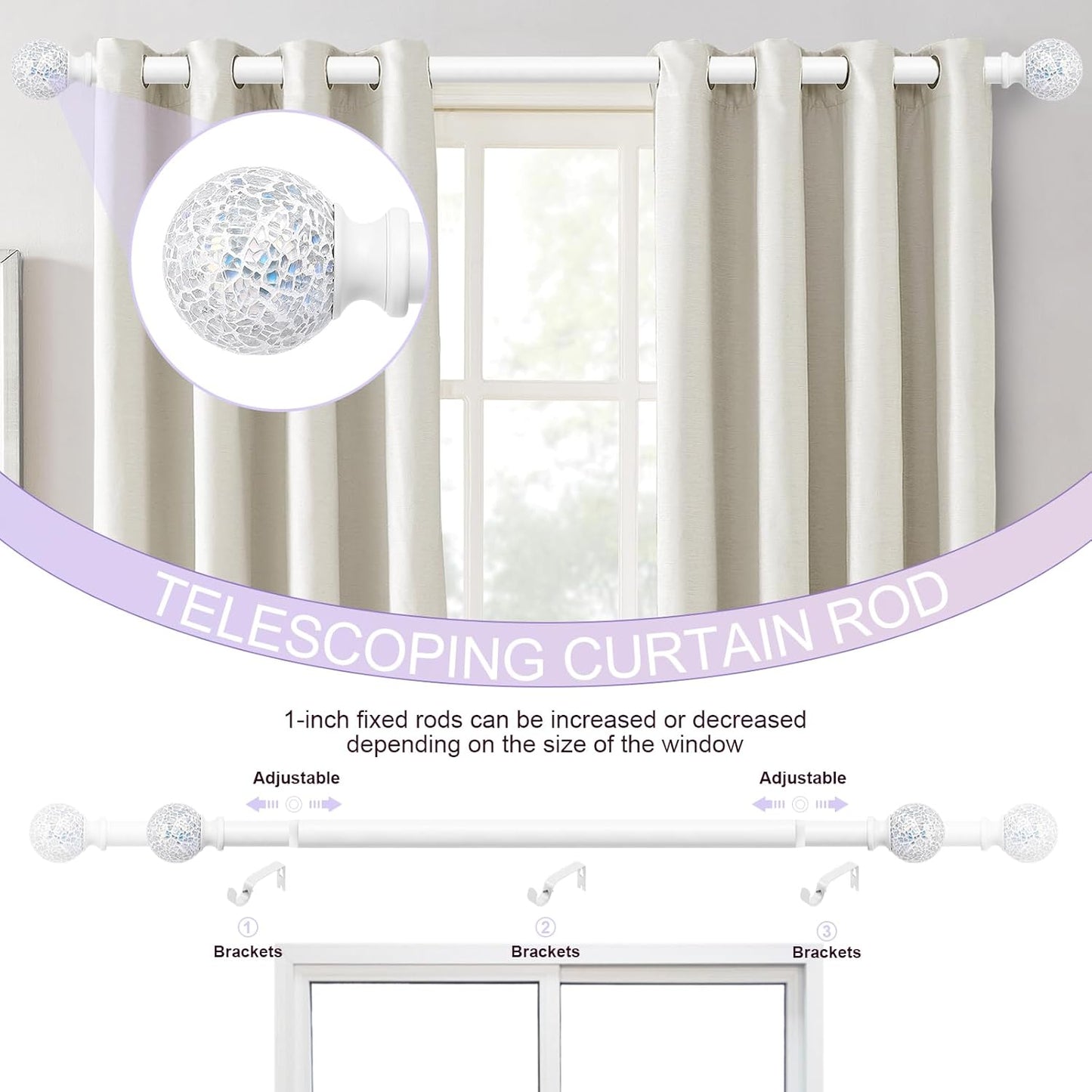 White Curtain Rods for Windows 72 to 144 Inch, 1 Inch Adjustable Heavy Duty Long Curtain Rod