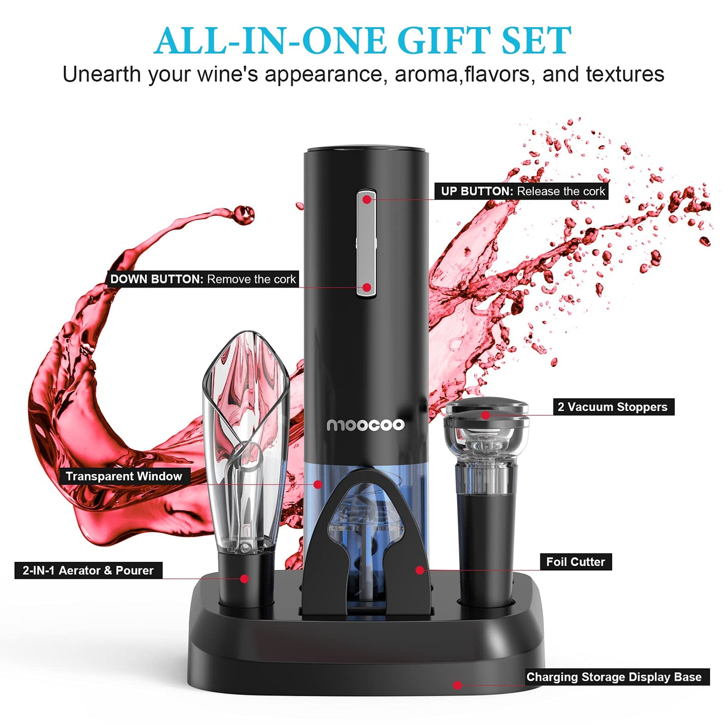 Moocoo Electric Wine Opener with Charging Base, Cordless Electric Wine Bottle Opener with 2-in-1 Aerator &Pourer, Foil Cutter, 2 Vacuum Preservation Stoppers, Display Charging Station for Easy Storage