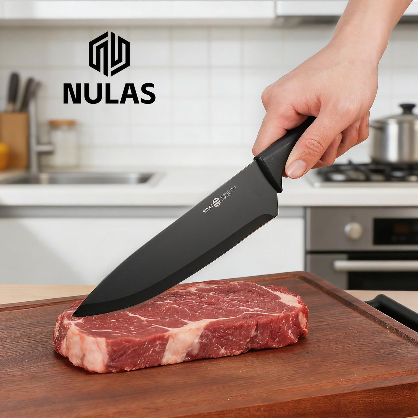 NULAS Knife Set, 8-Piece Kitchen Knife Set with Universal Block - Anti-Rust Chef Knives, Ergonomic Design, Dishwasher Safe (Black)