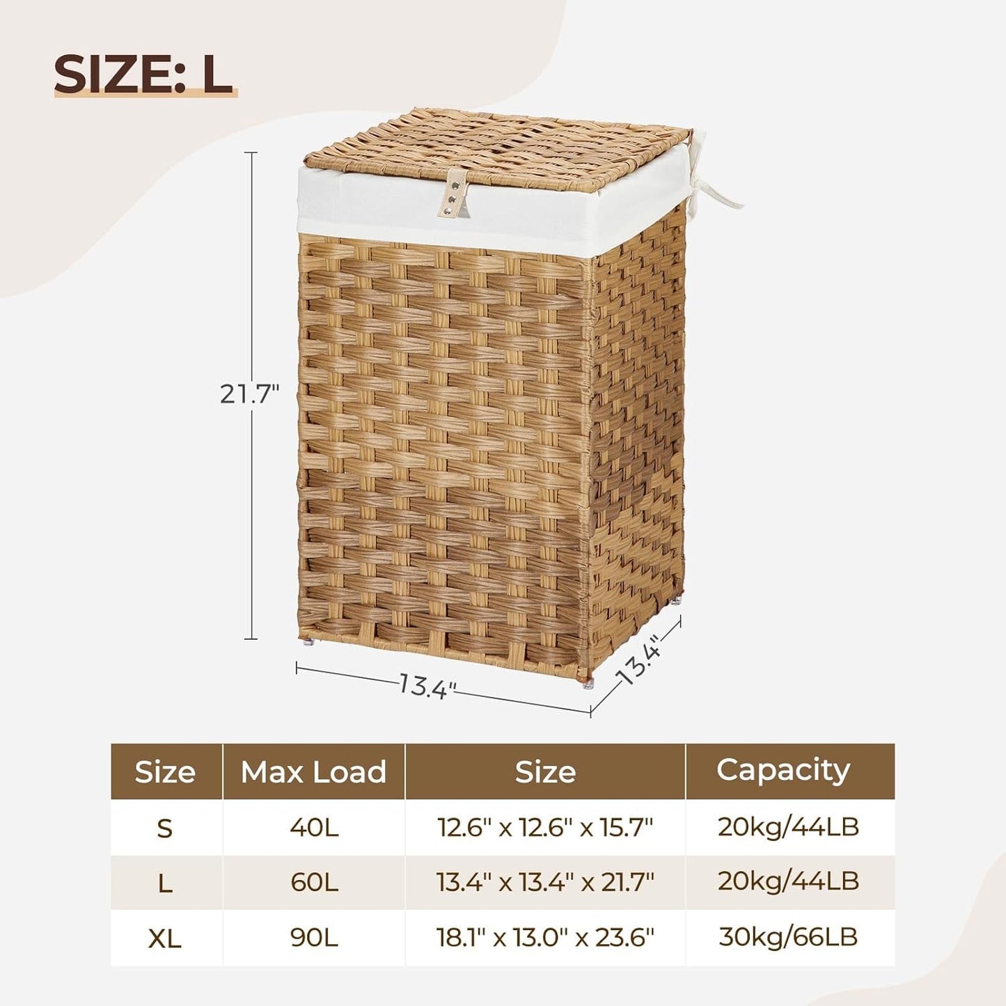 GREENSTELL 60L Laundry Hamper with Lid, Handwoven Synthetic Rattan Laundry Basket with 2 Removable Liner Bags & 2 Mesh
