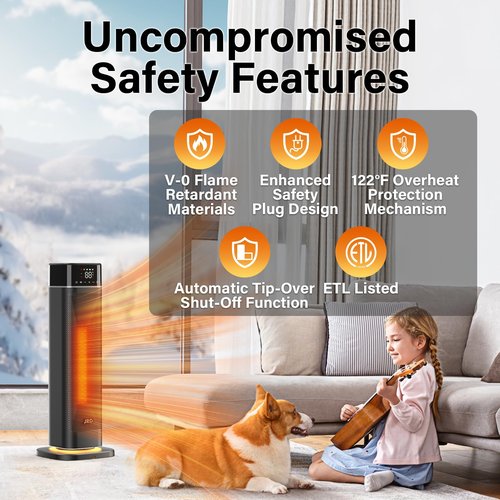 24" Space Heater, JRD Fast Heating Portable Electric Heater with Remote, Night Light, 80° Oscillation,4 Mode, Overheat&Tip-Over Protection, Ceramic Heat for Bedroom Office Indoor