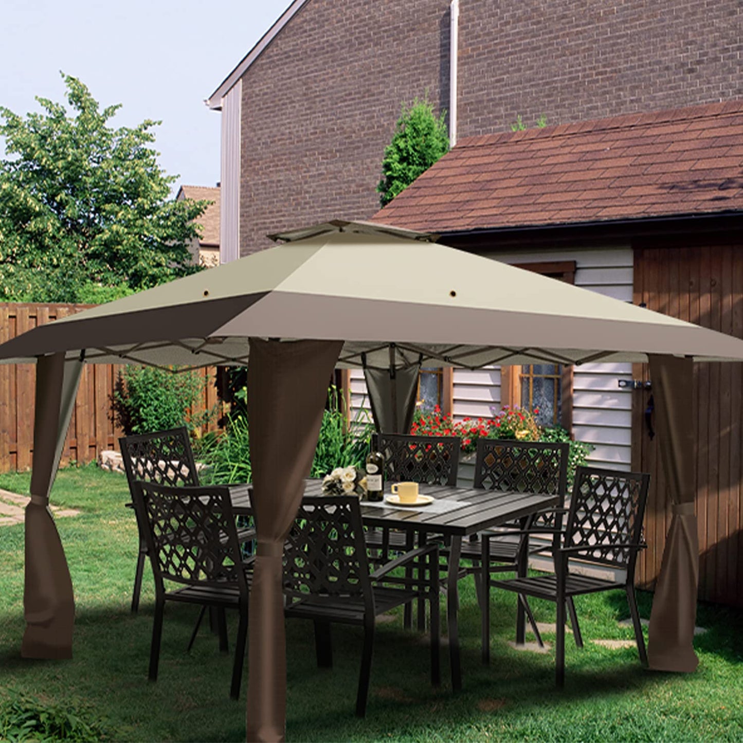 SlowSnail 13x13 Pop Up Canopy Tent, Upgraded Durable Outdoor Instant Sun Shade Canopy, Brown - Bonus 8 Stakes, 4 Guylines, 1 Roller Bag