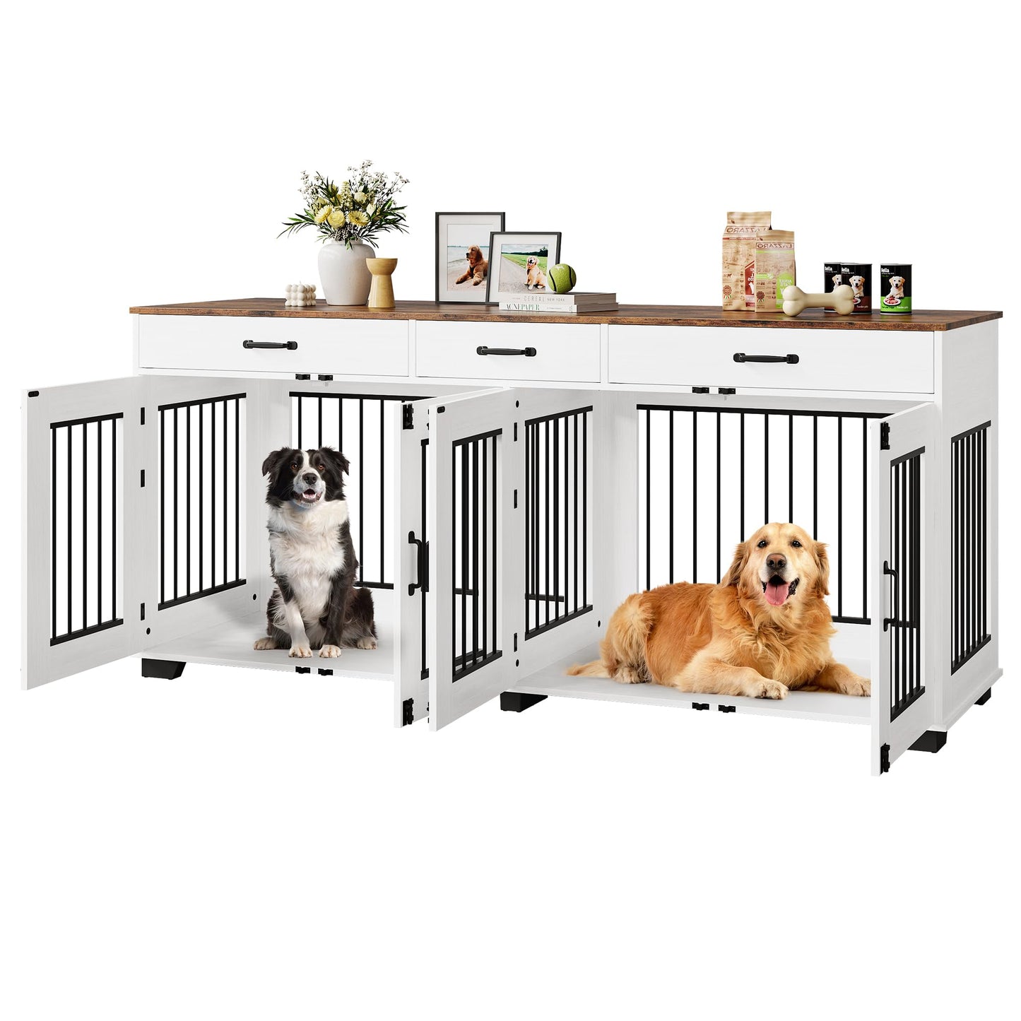 Garvee 71 in Large Dog Crate Furniture for 2 Dogs with 3 Drawers, Heavy Duty Double Indoor Dog Kennel and TV Stand for Medium Large Dogs, Brown & White