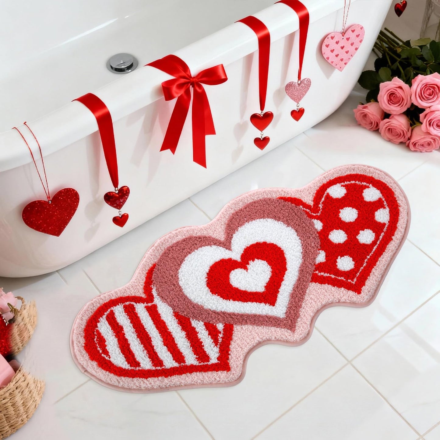 Moutina Love Heart Bathroom Rug 18x36 Inch, Soft and Absorbent Tufted Valentine's Day Bath Mat Non Slip Washable, Valentines Bathroom Decor Rug Holiday Decorations