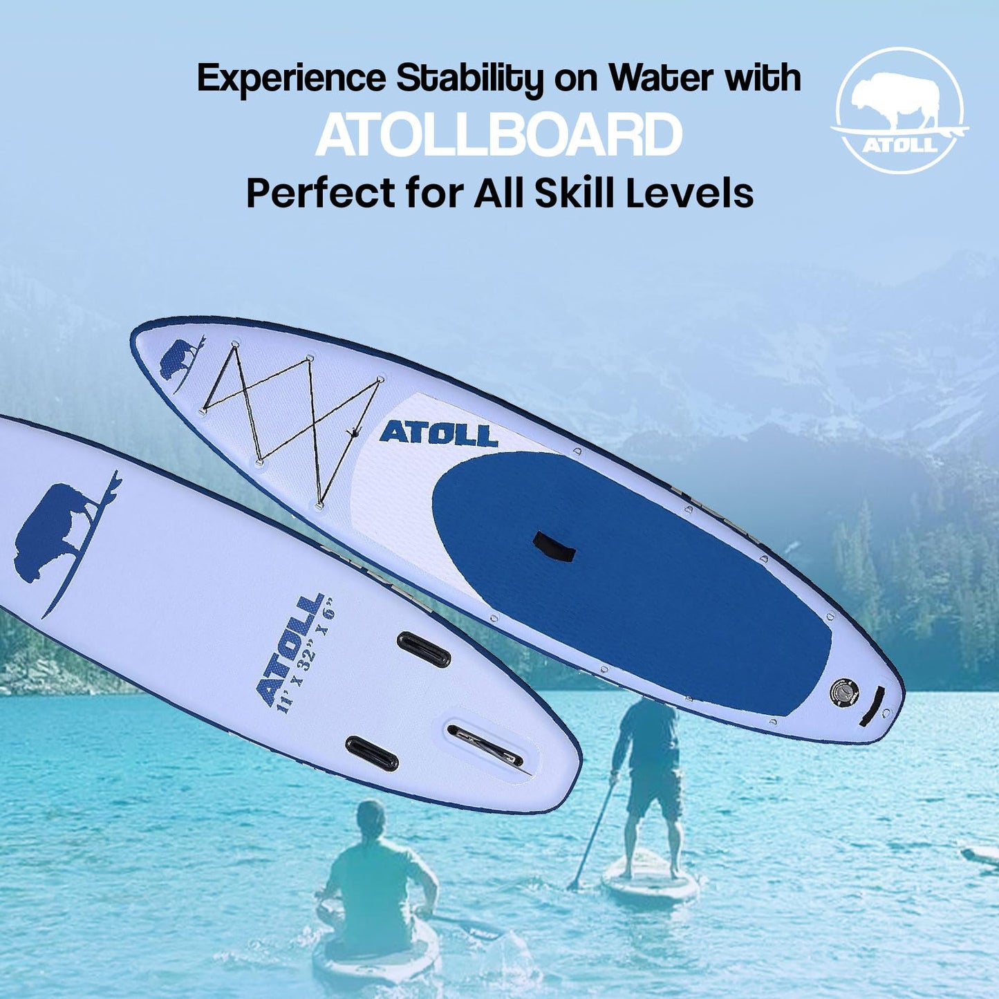 Atoll Inflatable Paddle Board with Premium SUP Stand Up Paddle Board Accessories & Back Pack, Non-Slip Comfort Deck for Unisex Adult - 11ft (Light Blue)