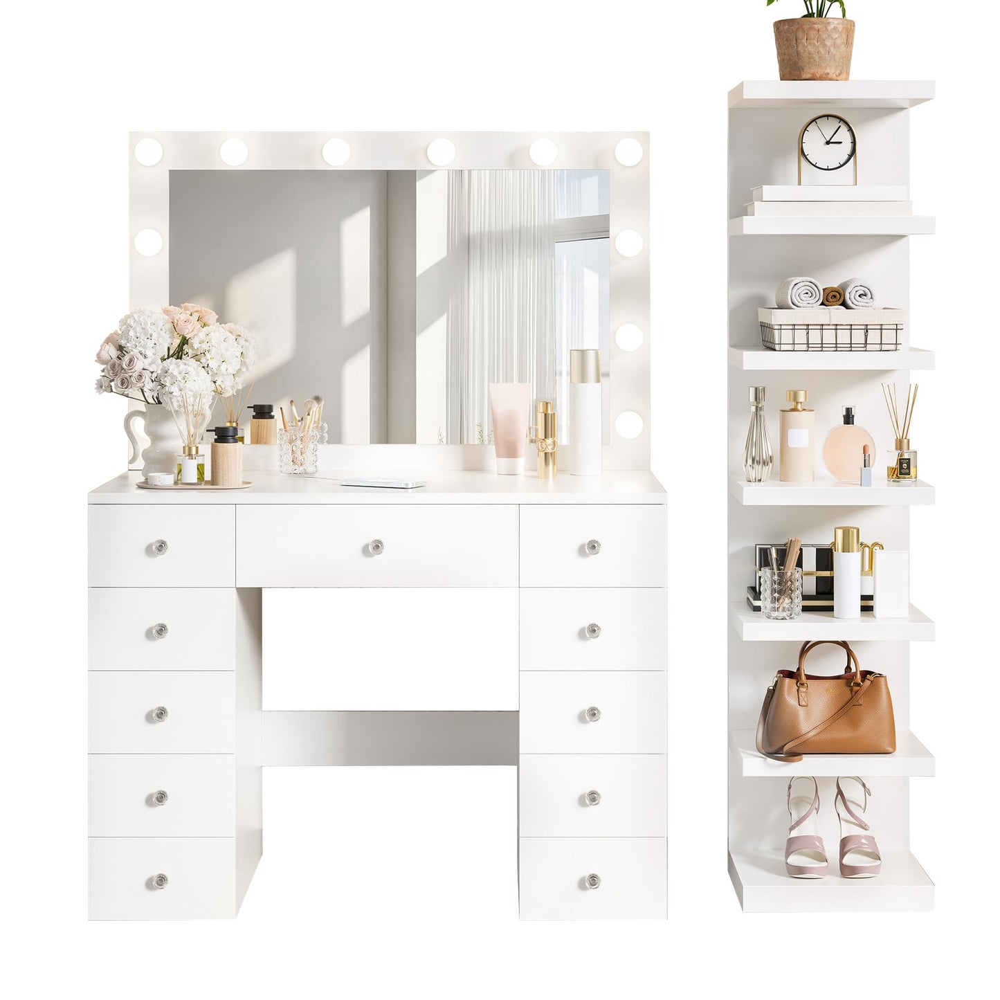 Merax White Makeup Vanity Desk with Large Mirror and 7-Tier Storage Shelves, Modern Dressing Table& 12 Hollywood Bulbs, Power Outlet and 11 Drawers, 3 Color Lighting Modes