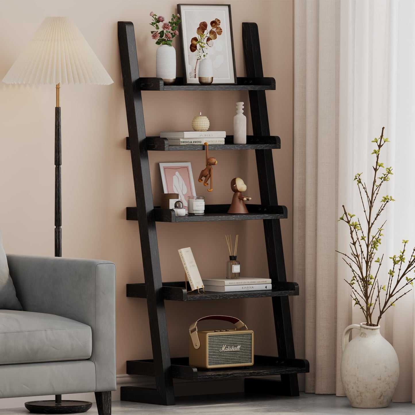 AQIMUELE Black Wooden Ladder Shelf with Edges, 5-Tier Modern Leaning Bookshelf Ladder – Stylish Space-Saving Bookcase for Living Room, Bedroom & Home Office