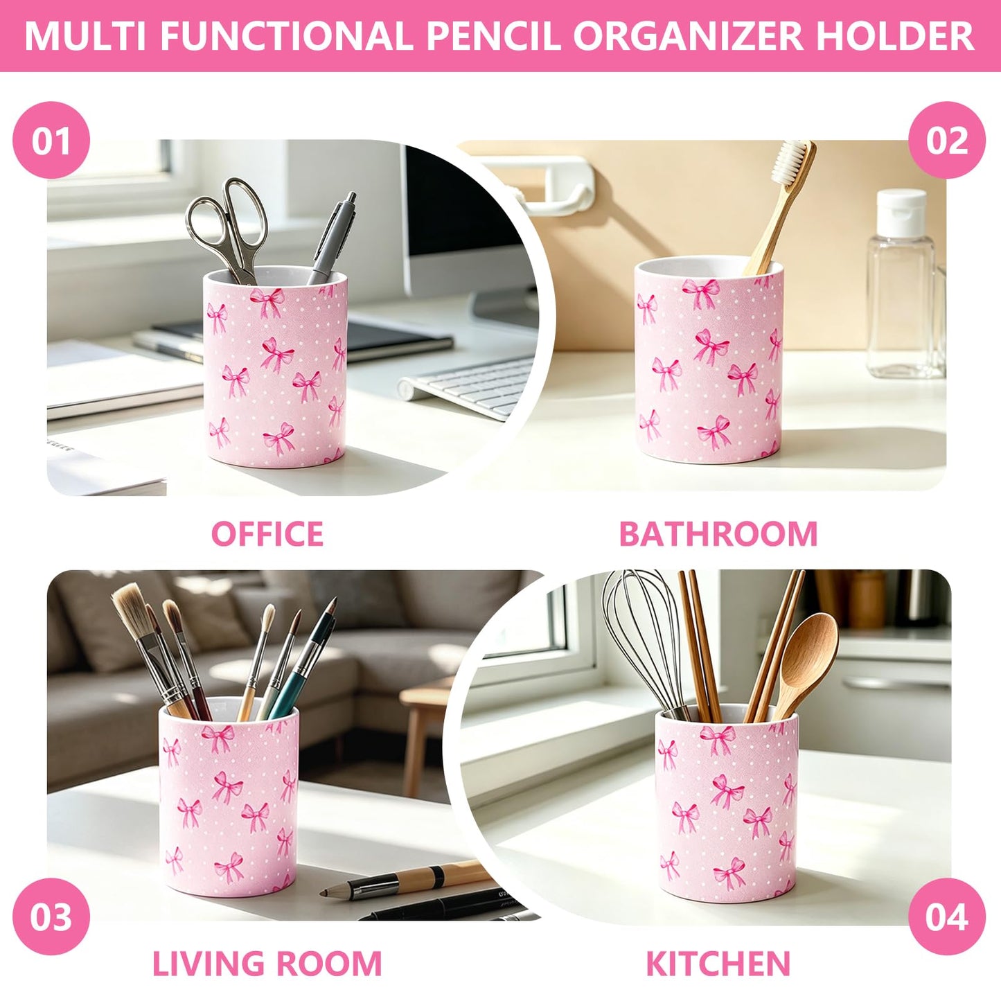 vnbsdwi Ceramic Pencil Holder for Desk Cute Pen Holder Pink Bow Pencil Cup Pot Desk Organizer Large Capacity Ceramic Makeup Brush Holders Multifunctional Office Supplies for Home School
