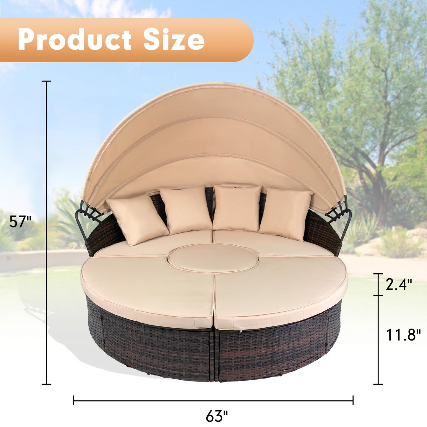Oakmont Outdoor Patio Daybed with Retractable Canopy, Wicker Rattan Sectional Round Sofa Furniture Set, 5 Pieces Seating Separates Cushioned Seats for Lawn Garden Backyard Porch Pool, Brown