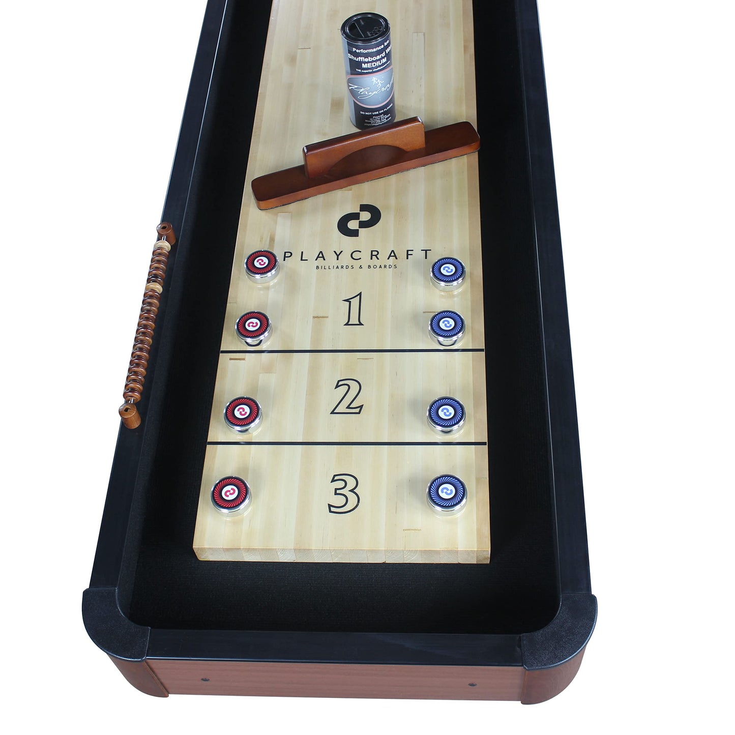 Playcraft Woodbridge Shuffleboard Table with Storage Cabinet - Shuffle Board Game Table Set with Matching Abacus, 8 Pucks, Brush & Wax (Made in USA) - Pro Style Climate Adjusters - Cherry - 12ft