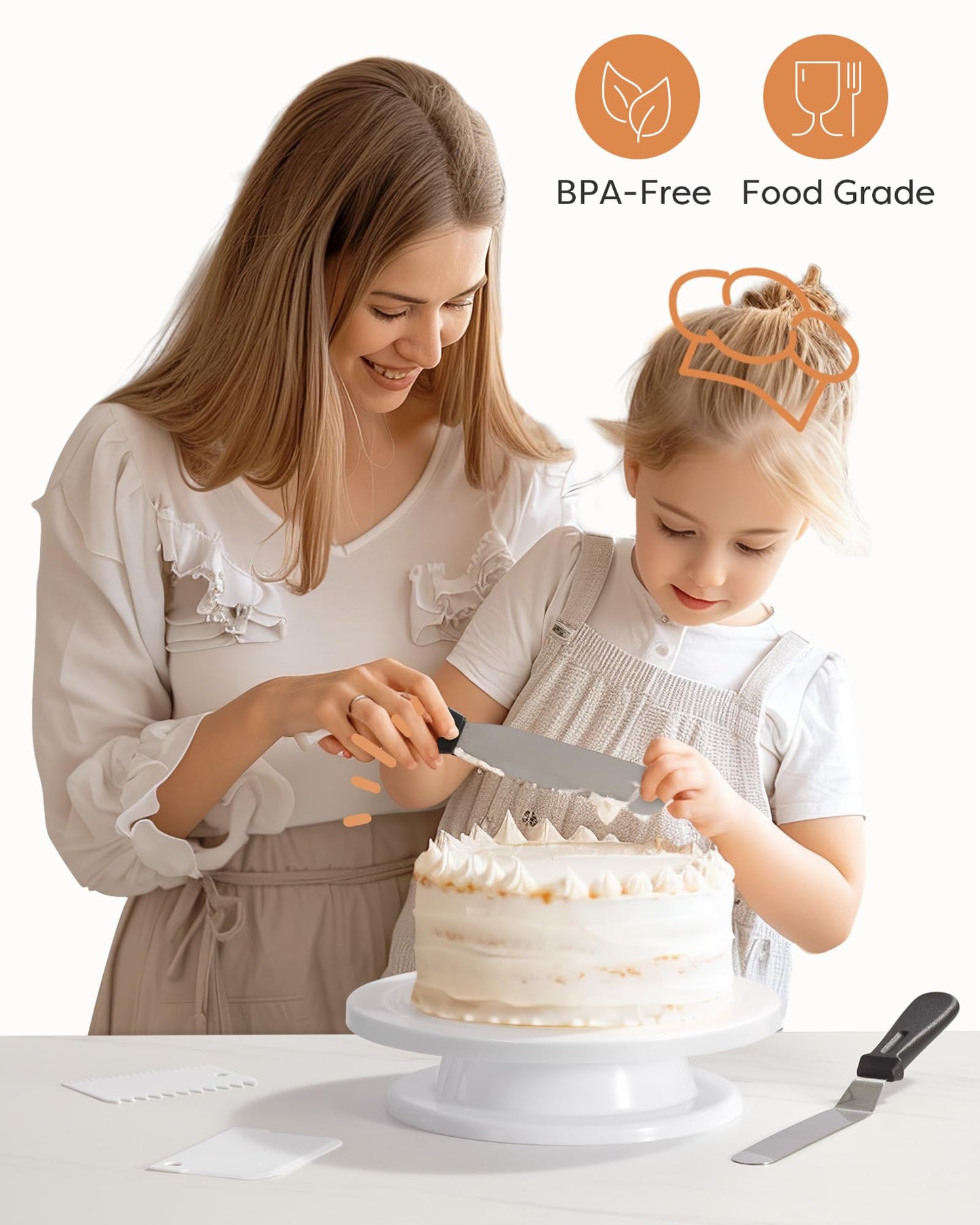Kootek Cake Decorating Kit Baking Supplies Set Cake Turntable with 2 Frosting Straight Angled Spatula 3 Icing Smoother Scrapers Baking Accessories Tools for Beginners and Pros, Mother's Day, White