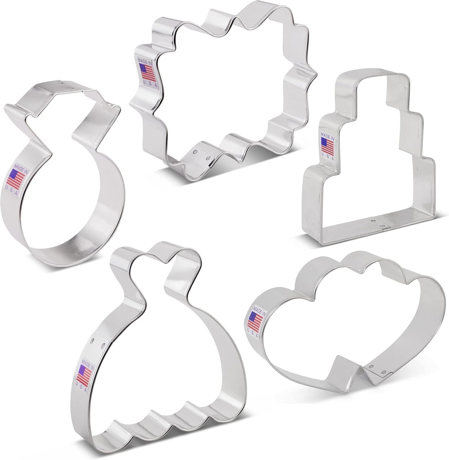 Ann Clark Wedding Cookie Cutters 5-Pc Set Made in the USA - Square Plaque, Wedding Cake, Dress, Diamond Ring, Double