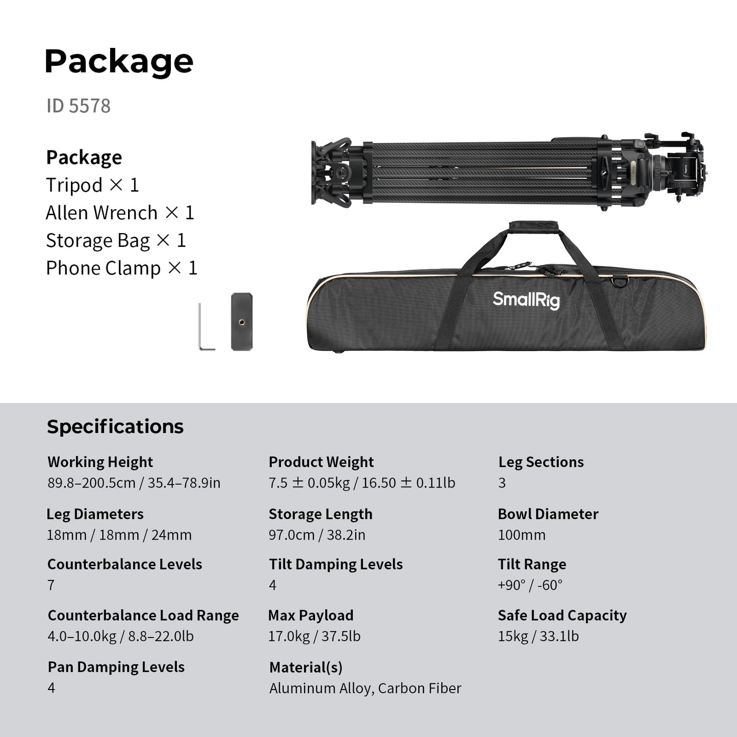 SMALLRIG 79''/200.5cm Heavy-Duty Carbon Fiber Video Tripod, 7-Step Counterbalance Head, Snap-on Quick-Release Plate for DJI & MFT 501, Max Load 17kg/37lb, Professional Video Shooting - FSD18-5578