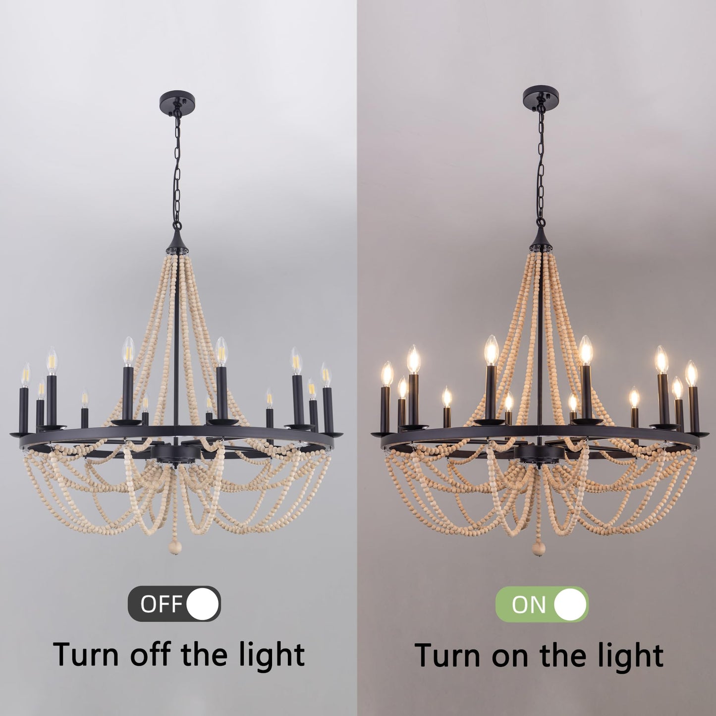 Wellmet Beaded Chandelier Boho Light Fixture 38", Black Farmhouse Dining Room Chandelier Pendant Lights, French Country Candle Wagon Wheel Chandelier Hanging Ceiling Light Fixture for Staircase Foyer