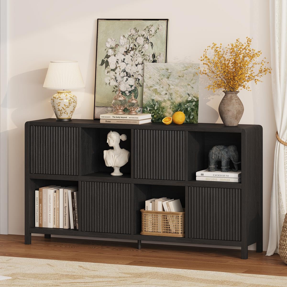 FATORRI 8 Cube Storage Organizer Bookshelf with 4 Doors, Low Horizontal Bookcase with Storage, Long Wood Book Shelf for Dining, Home Office (Black)