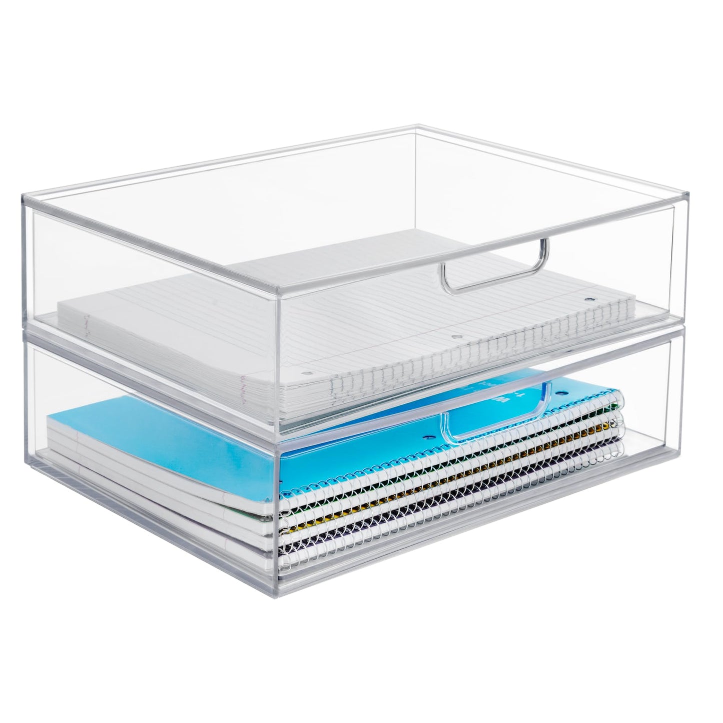 STORi STAX Plastic Stackable Organizer Drawers (Set of 2) Clear | 12.5" Wide | Set Includes Two Open Drawer | Organize Office Desk Accessories & Sort Paper | Made in USA