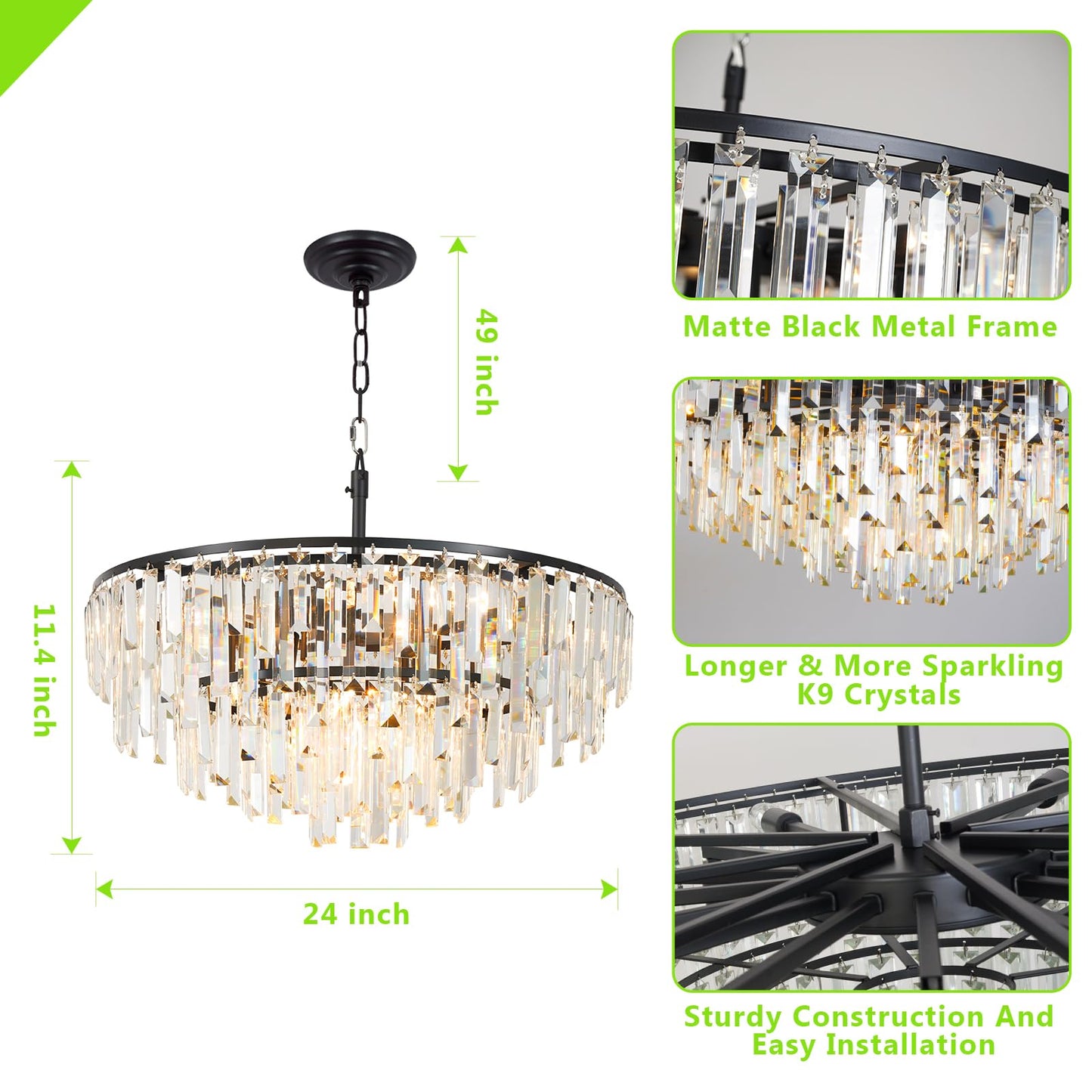 CHGUOSZ Black Modern Round Top K9 Crystal Chandelier Lighting Fixture, 8 Lights Round K9 Crystal Adjustable Hanging Lamp for Dining Room Bedroom Living Room,Hallway,Bar,Kitchen W24'