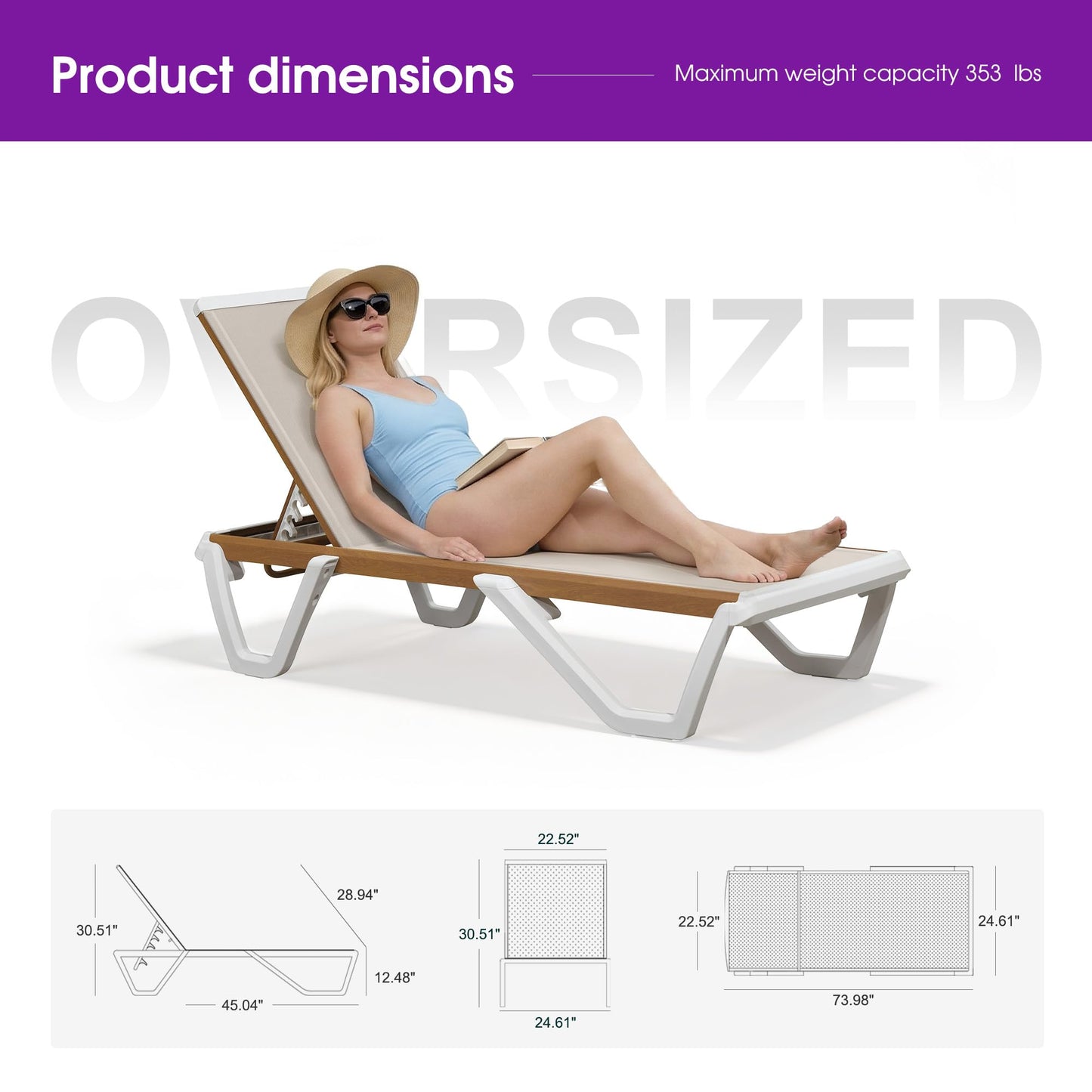 PURPLE LEAF Patio Lounge Chair Set White Chaise Lounge Chairs Five-Position Adjustable Plastic Stackable Chaise for Pool Sunbathing Beach Deck Outdoor, Beige