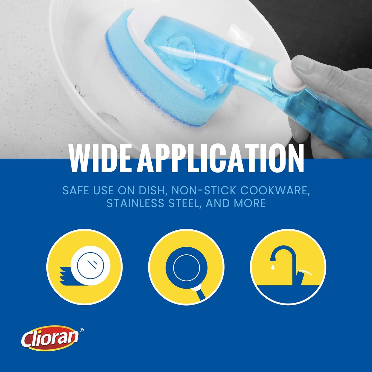 Clioran Dishwand Refills Sponges Heads with Soap Control Handle, 6 Non-Scratch Replacement Sponge Head for Dish Wand,Leak-Proof Handle,Universal Compatible Soap Dispensing Brush for Kitchen,Dishwasher