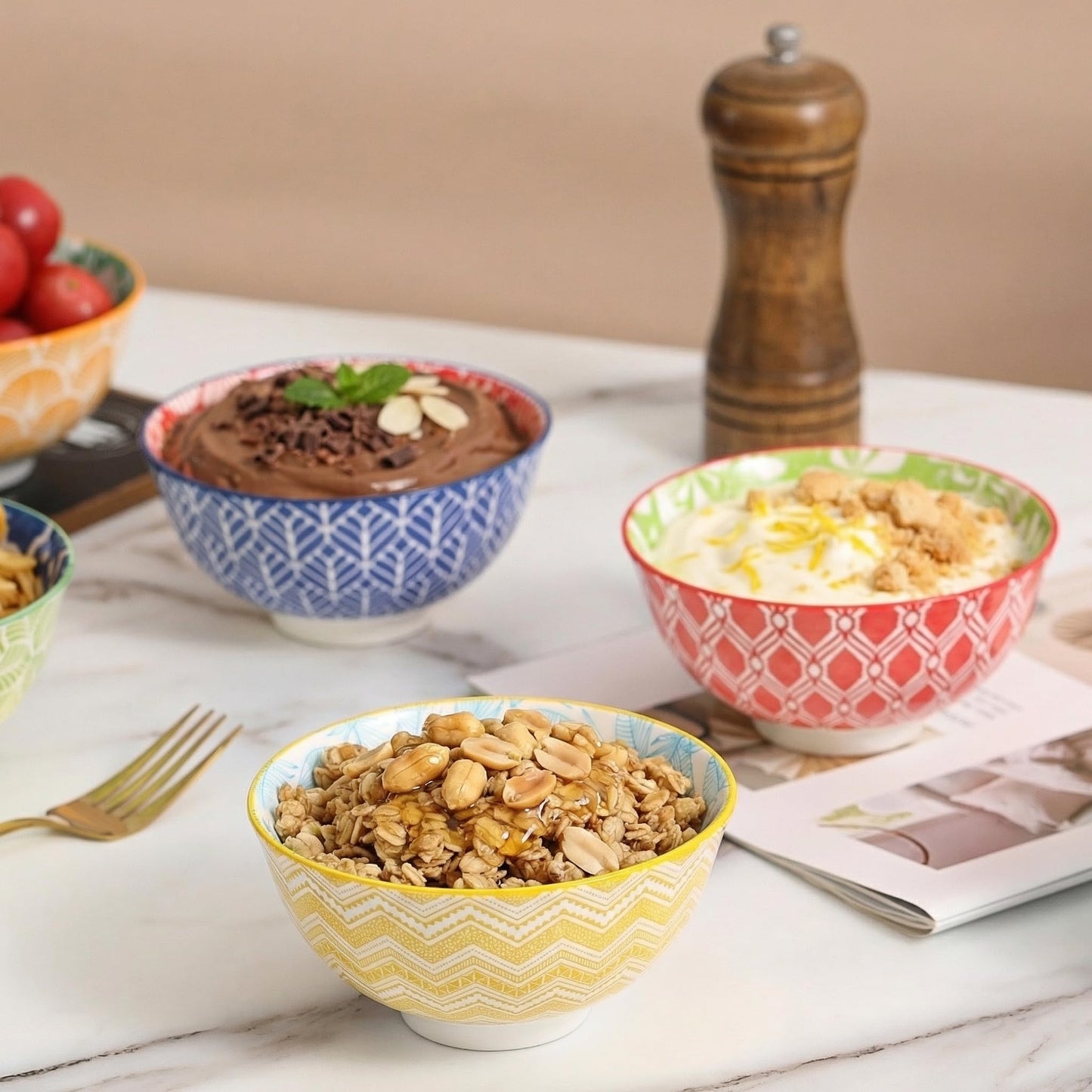 Dessert Bowls Set of 6 - Small Ceramic Bowls for Ice Cream, Snack, Rice - Colorful Cute Style - Microwave and Dishwasher Safe - 4.75 Inch - 10 oz