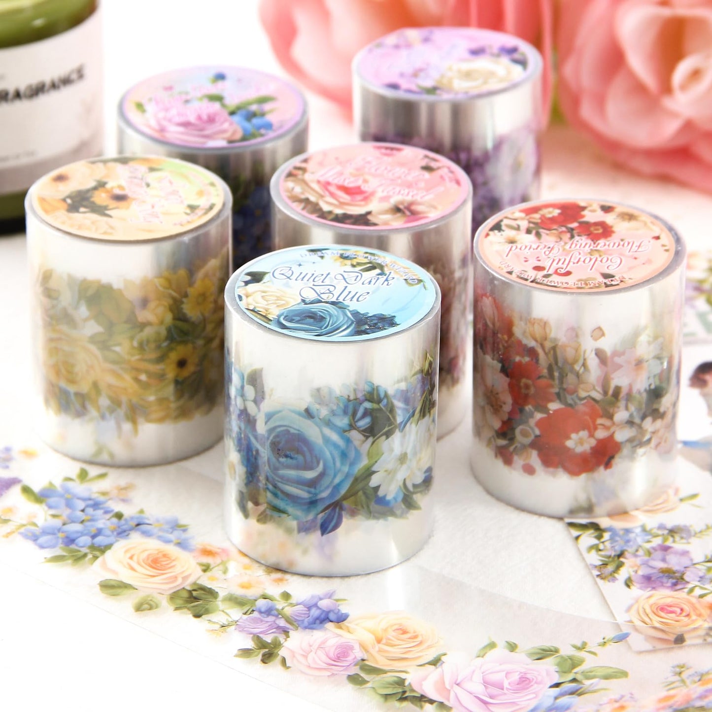 DAPUTOU 6 Rolls PET Washi Tape 50mm Wide Flowers Transparent Ephemera Light Decorative Aesthetic Floral Stickers Set for Junk Journaling, Scrapbook Supplies, Crafting, DIY Projects