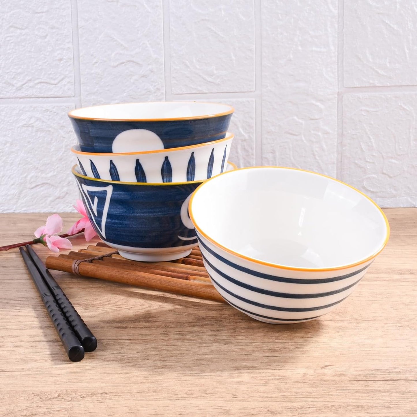 Japanese Rice Bowl Set, 4 Ceramic Sushi Bowls for Soup & Oats