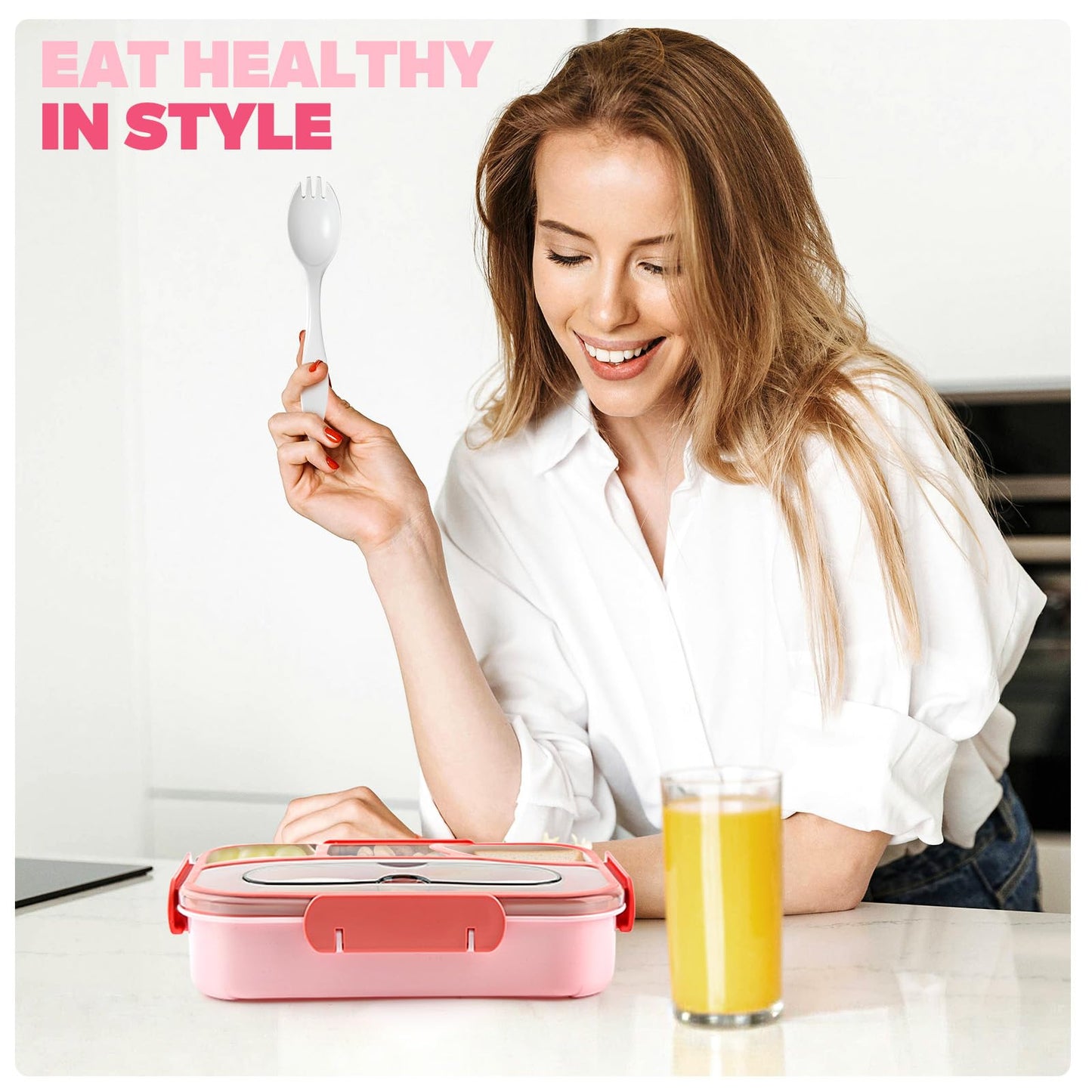 EASYFUN Bento Box Adult, Lunch Box, 4-Compartment Lunch Containers, Drop-Proof, Dishwasher Safe & Made with BPA-Free Materials (Pink)