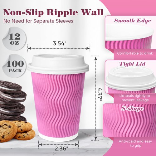 Charmount 100 Pack 12 oz Pink Disposable Insulated Coffee Cups with Lids - Ripple Wall Hot Paper To-Go Cups for Coffee, Tea, Cocoa, and Drinks - For Valentines Day