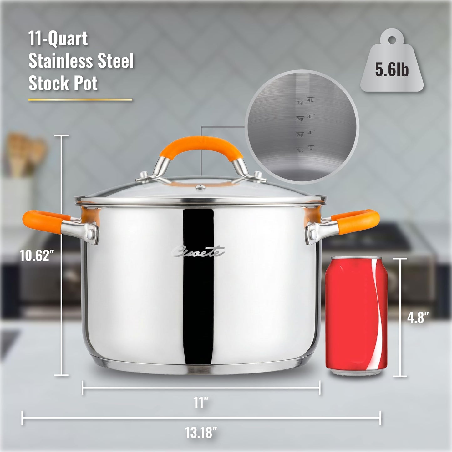 Ciwete Stainless Steel Stock Pot, 11 Quart Soup Pot with Lid, Heavy-Duty Thick Bottom Induction Cooking Pot for Pasta, Stew & Simmering, Fast Heating, Compatible with All Cooktops, Dishwasher Safe