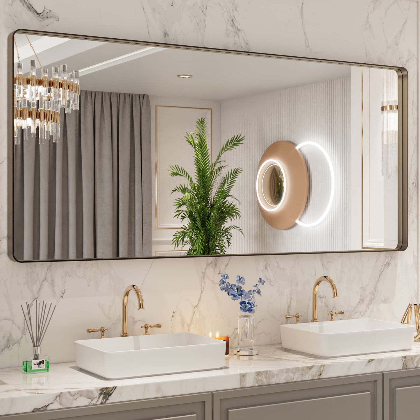 LOAAO 72”X32” Bronze Bathroom Mirrors for Vanity, Rounded Rectangle Brushed Bronze Metal Frame Mirror, Anti-Rust, Tempered Glass, Hangs Horizontally or Vertically