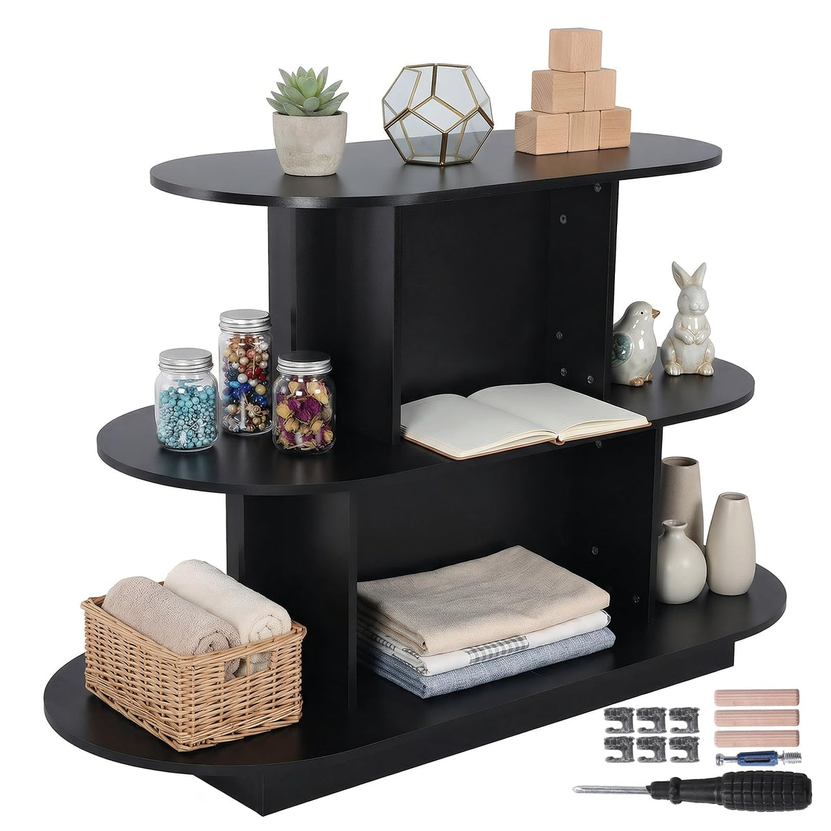 ASIEIT 3 Tier Wooden Oval Display Table Modern Standing Display Riser Shelf Retail Table for Stores Vendor Events 55in W x 23.6in D x 35in H (Black)