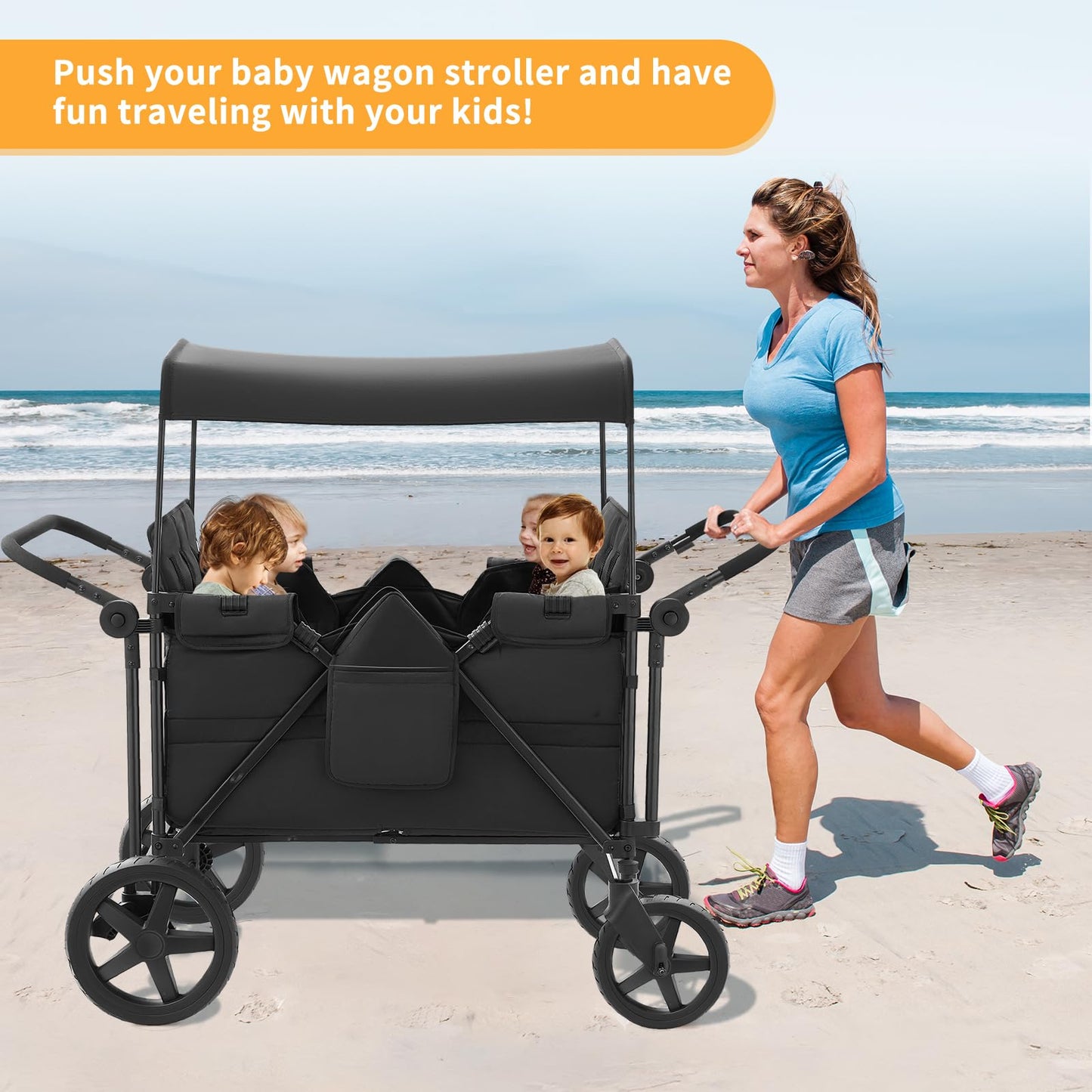 Stroller Wagon for 4 Kids, 4 Seater Wagon Stroller Featuring 4 High Seat with 5-Point Harnesses and Adjustable Canopy, Foldable Double Push Bar Wagon Stroller 4 Seater for Garden, Camping (Black)