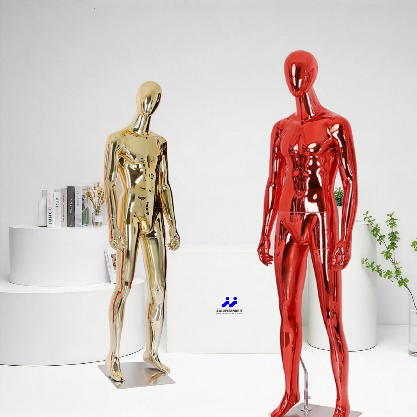 Full Body Male Mannequin with Chrome Metallic Finish, Fiberglass Abstract Dress Form with Posable Head, Futuristic Retail Display Dummy with Metal Base for Men's Fashion Window(Rose Gold)