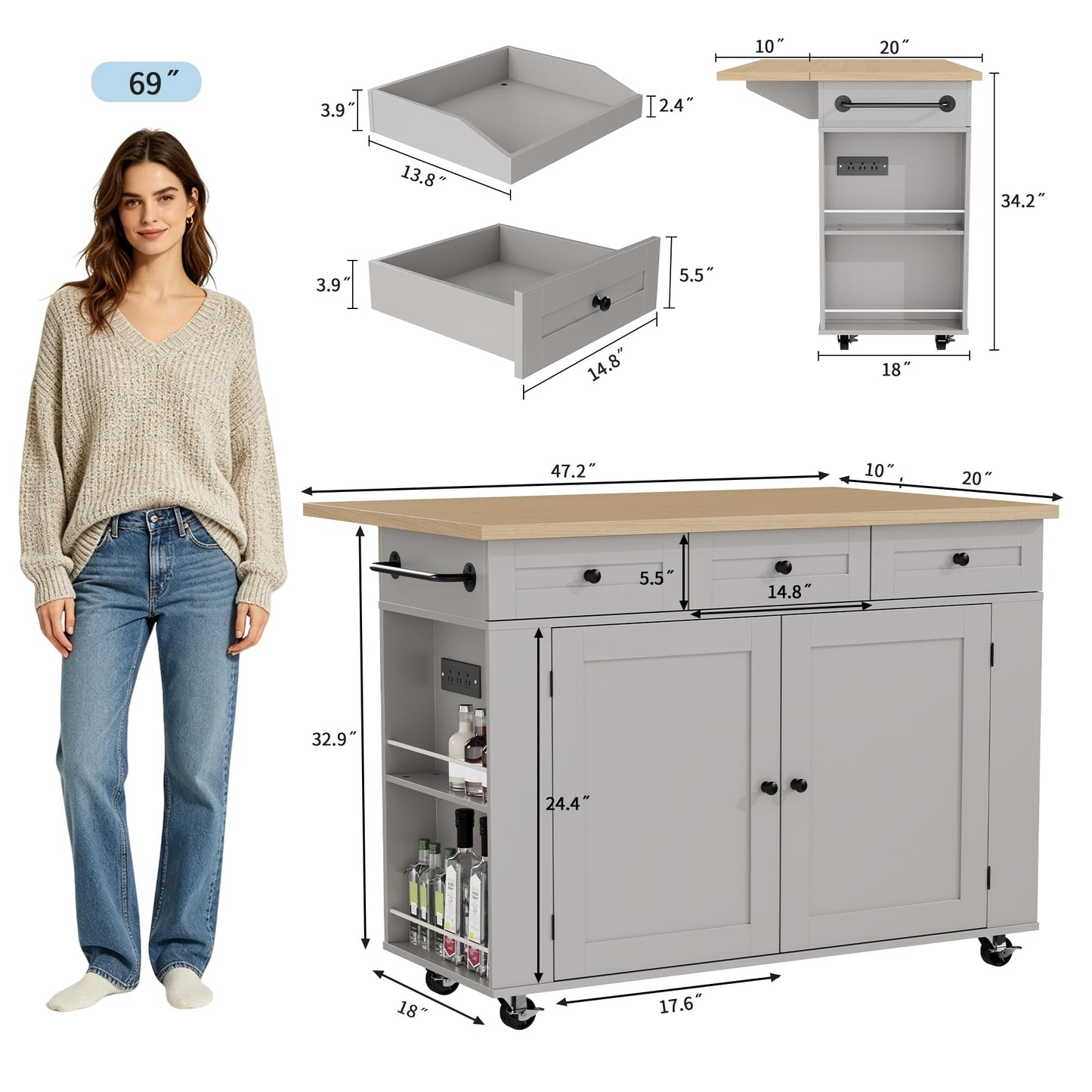 GarveeHome Rolling Kitchen Island with Drop Leaf Countertop, Charging Station & Ample Storage - 47.2 in Mobile Kitchen Cart On Wheels with Pull-Out Shelves, Drawers, Spice Rack & Organizer Divider