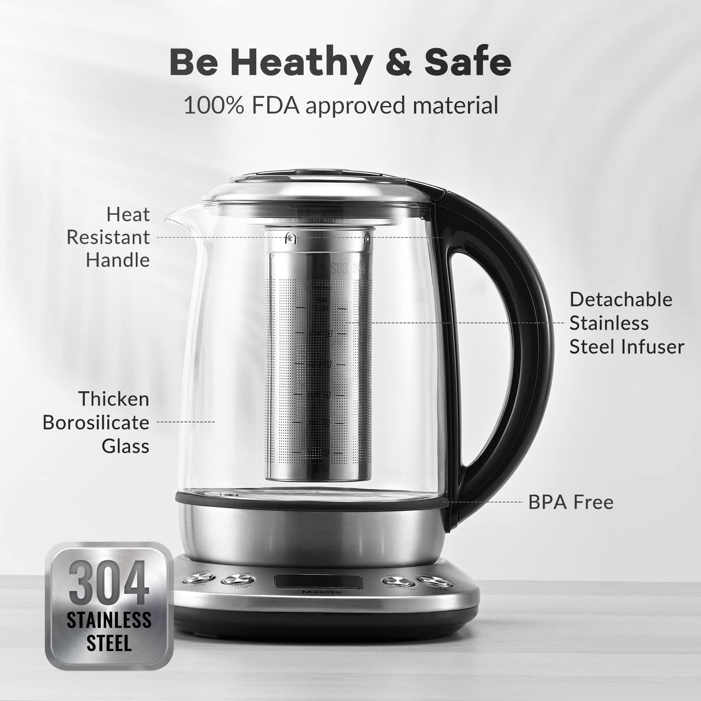 Mecity Electric Tea Kettle Borosilicate Glass Tea Maker With Temperature Control and Infuser - LCD Display and Preset Brewing Programs - 1.7 Liter Water Boiler