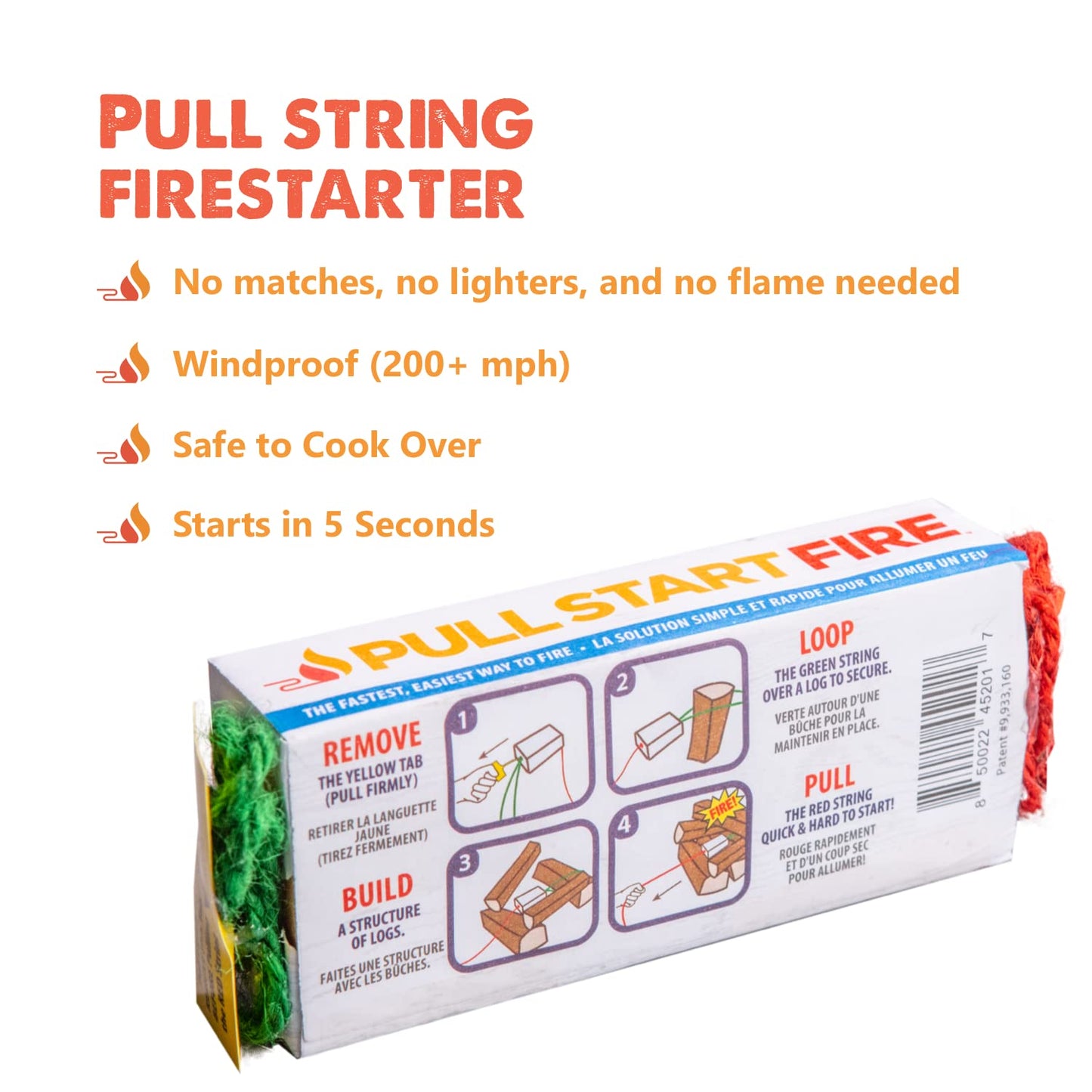 Pull Start Fire Pull String Firestarter | No Matches Required, Fire Starts in Seconds | for Campfires, Grill, Fireplace, BBQ | Lights Wet Wood, Easy to Use, Food Safe and Weather Resistant | 3 Pack